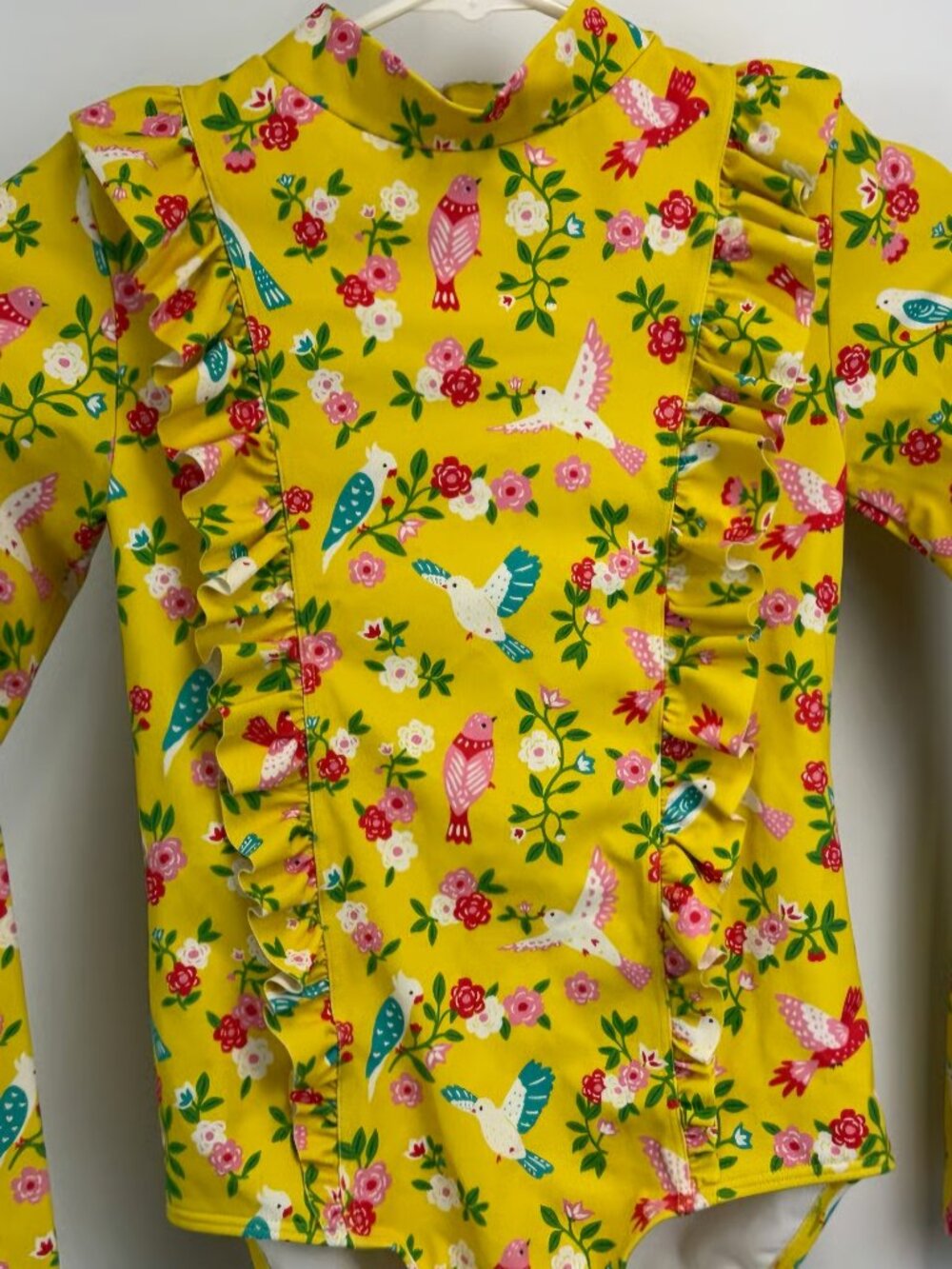 Mini Boden Floral yellow ruffle long sleeve SPF rash guard swimsuit